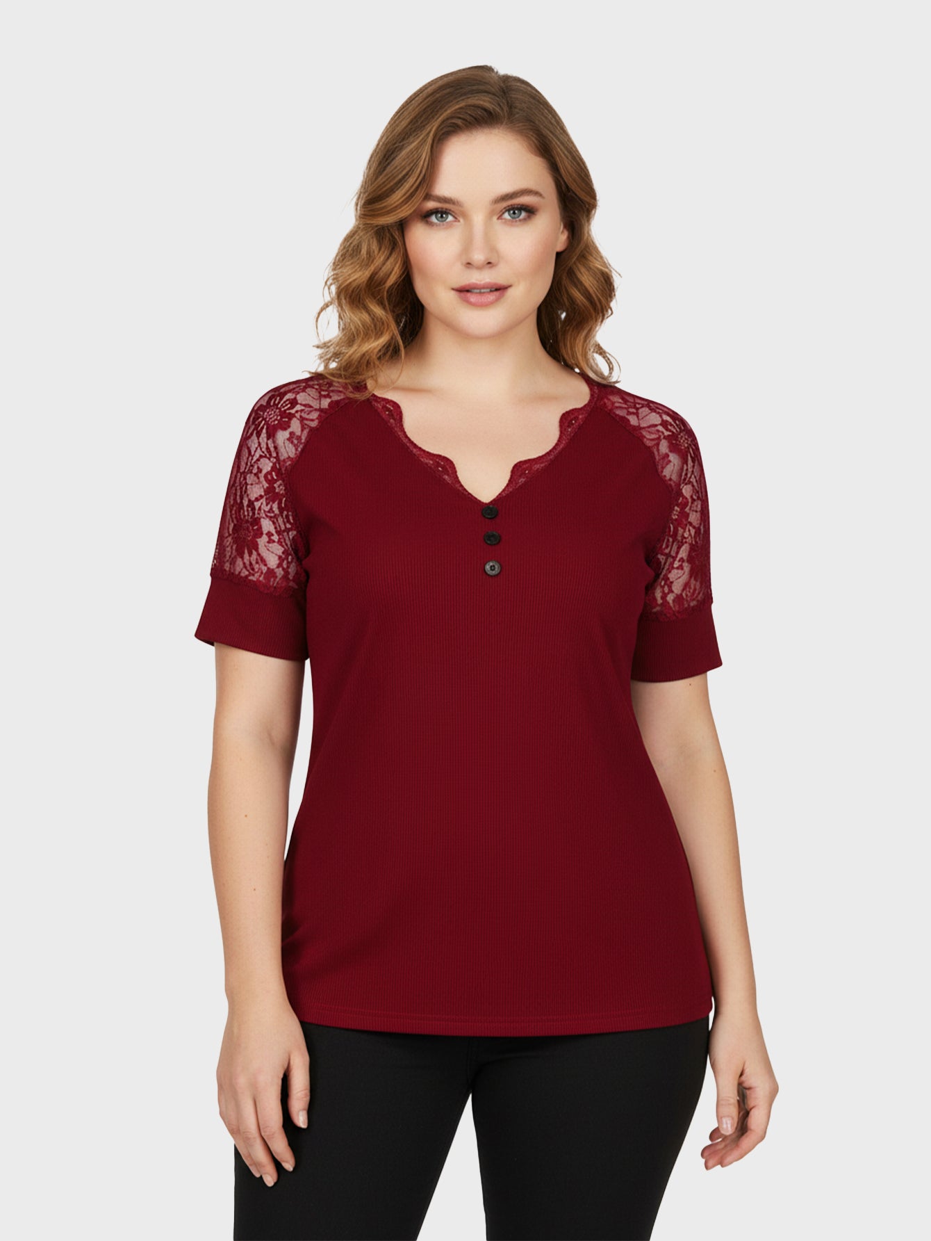 Lapa Plus Women's V-neck Patchwork Lace Short Sleeved Top