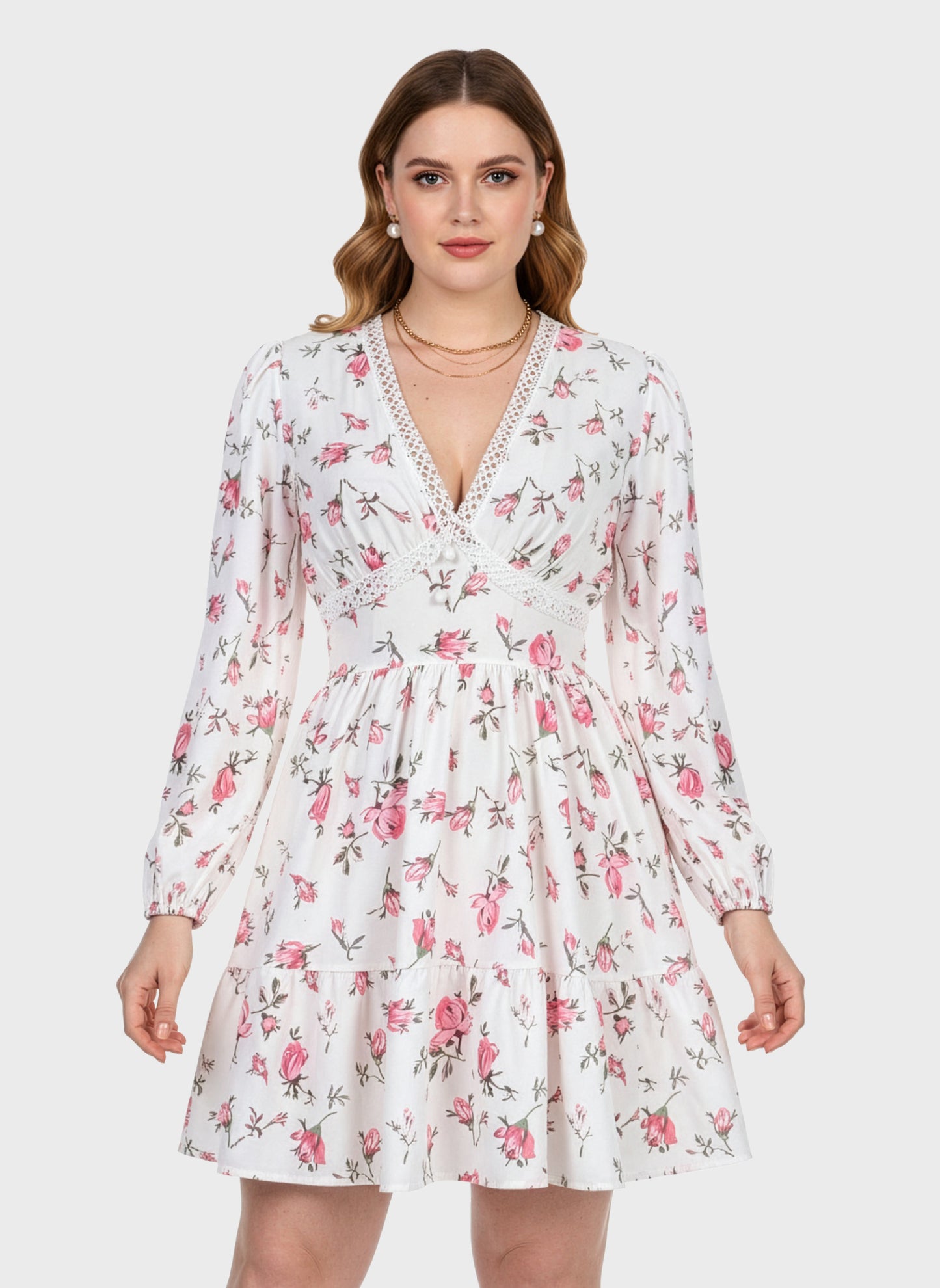 Lapa Plus Women's Flower-print Lace Trimmed Fitted Waist Dress