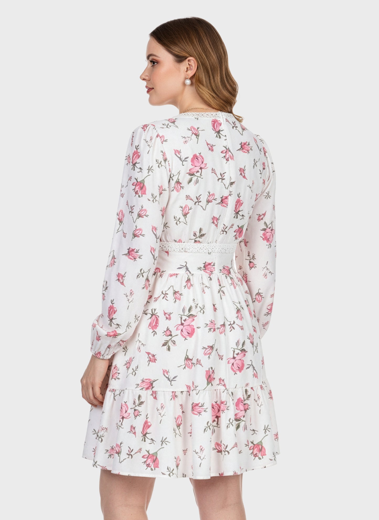 Lapa Plus Women's Flower-print Lace Trimmed Fitted Waist Dress