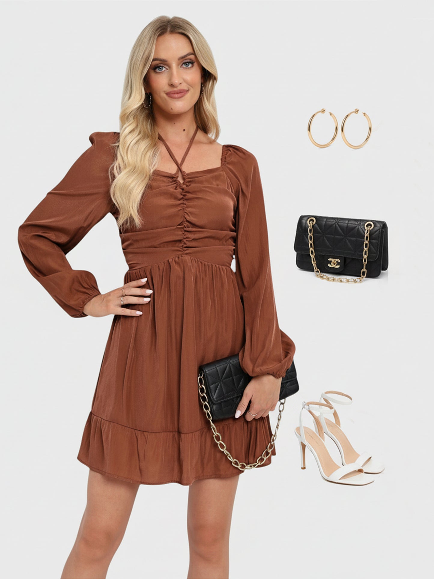 Lapa Plus Women's Square Neck Long Sleeved Pleated Dress