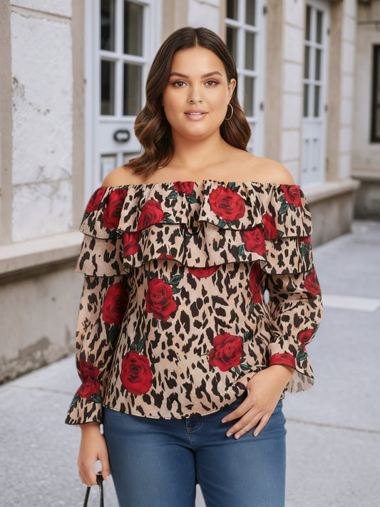 Haut Bardot à imprimé léopard et fleurs roses pour femme Lapa Plus