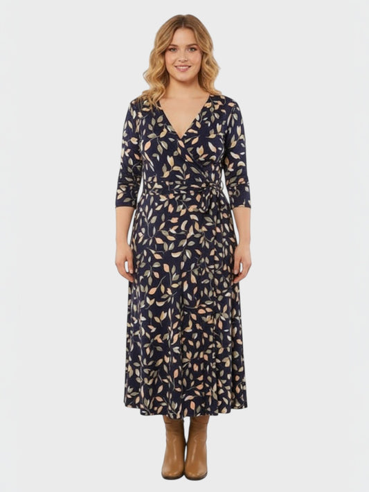Lapa Plus Women's V-Neck Leaf Print Tie-Waist Dress