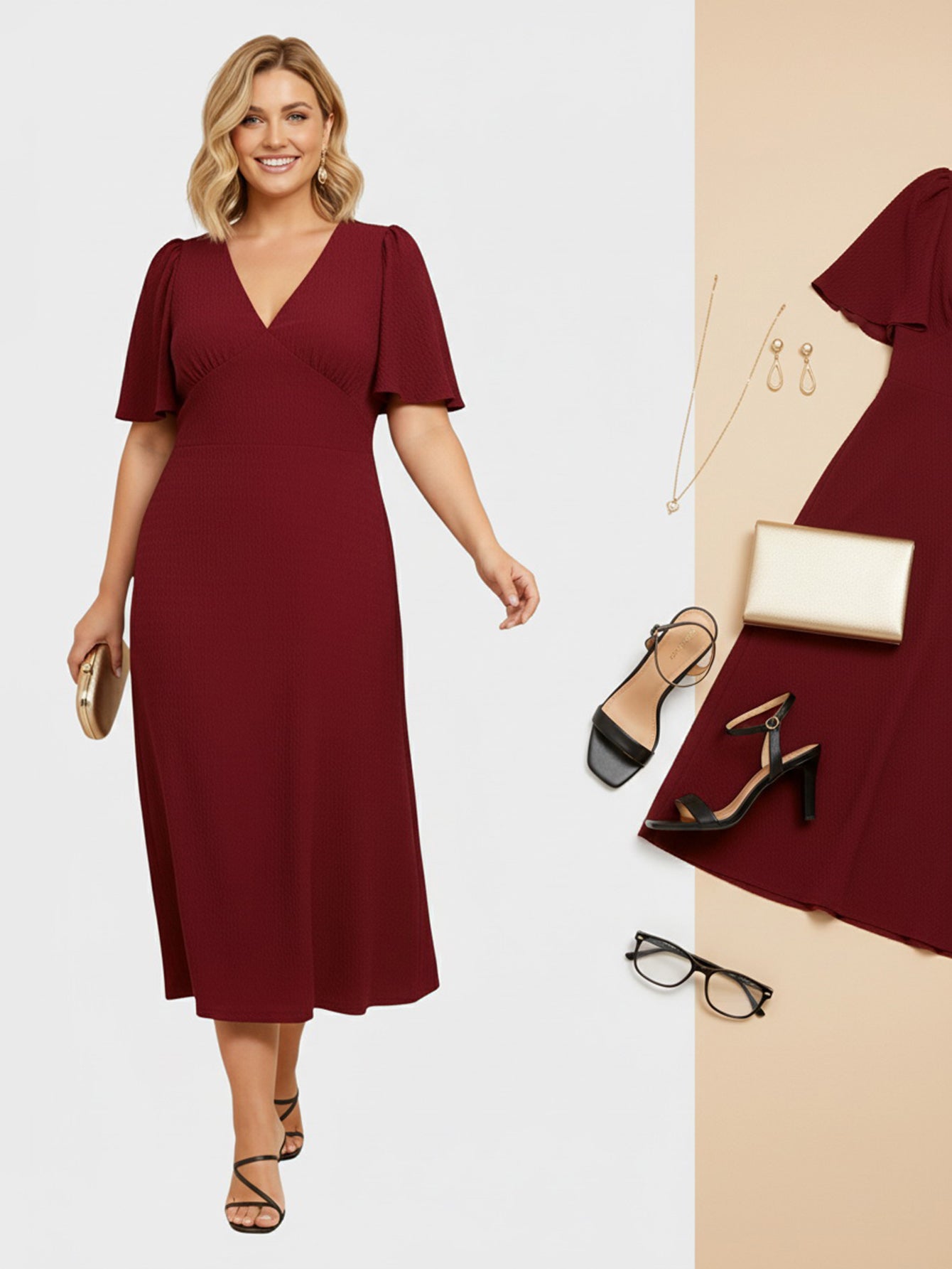Lapa Plus Women's Elegant V-Neck Dress with Back Tie Detail
