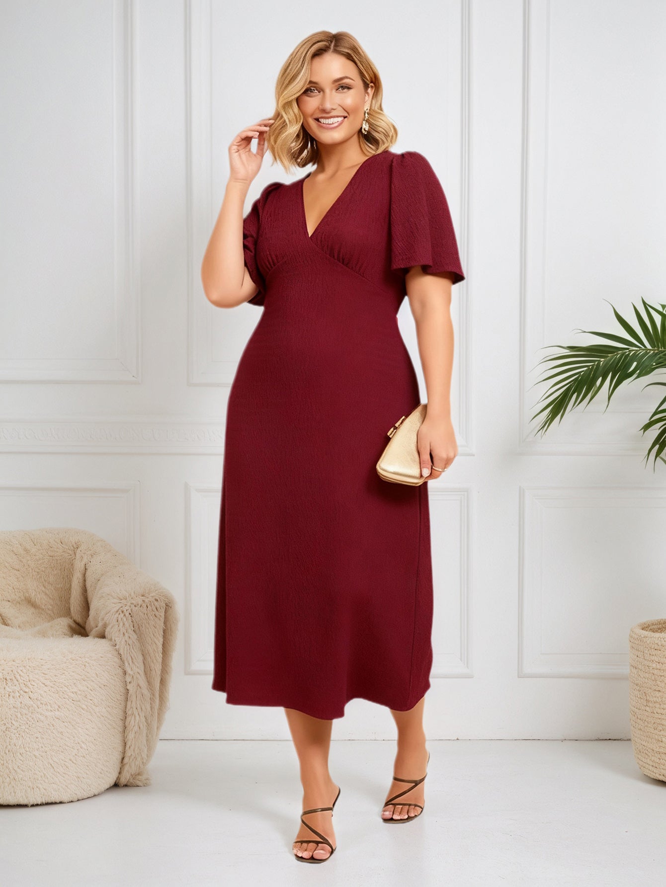 Lapa Plus Women's Elegant V-Neck Dress with Back Tie Detail