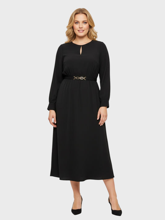 Lapa Plus Women's Flowy Round Neck Cut-Out Dress with Belt Accent