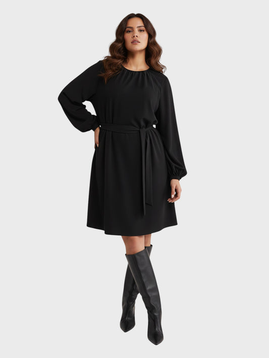 Lapa Plus Women's Solid Color Round Neck Tie-Waist Dress