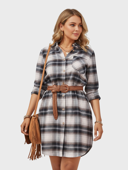 Lapa Plus Women's Black and White Plaid Dress with Pockets (No Belt Included)