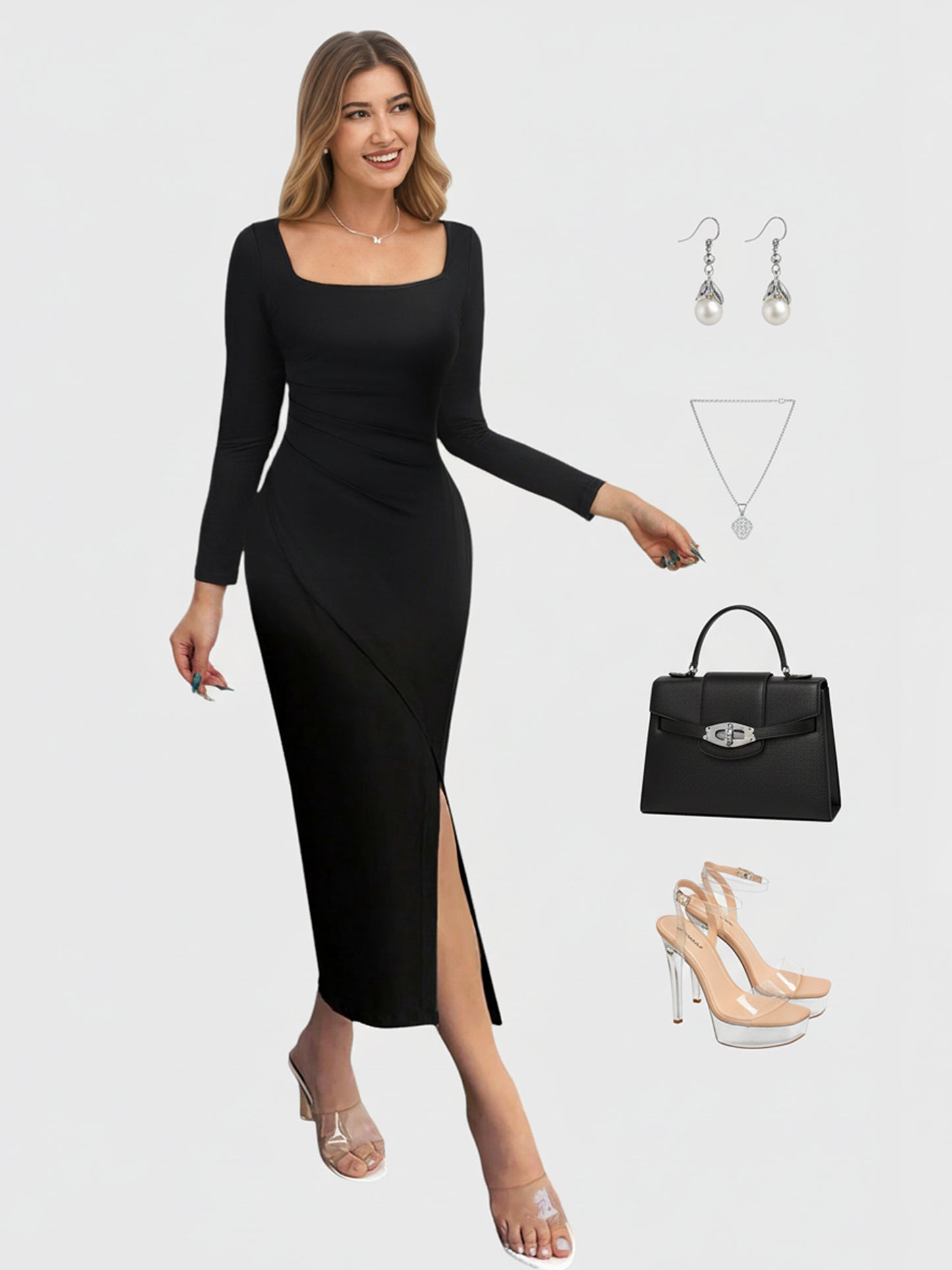 Lapa Plus Women's Pleated Waist Slit Long Sleeved Dress