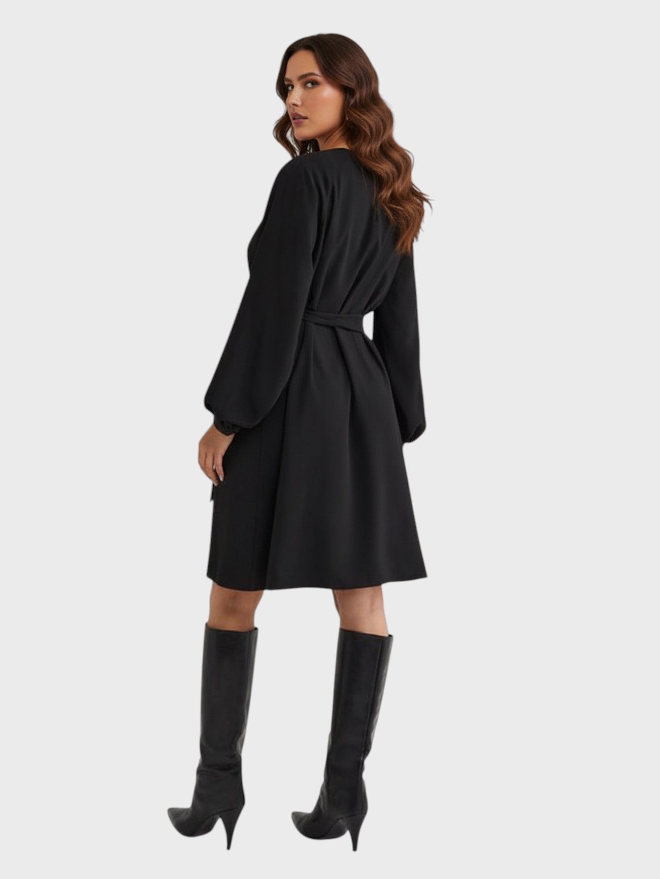 Lapa Plus Women's Solid Color Round Neck Tie-Waist Dress