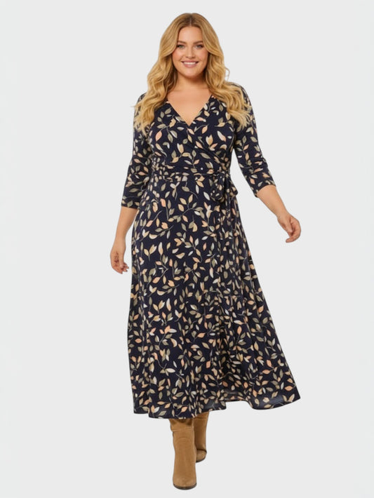 Lapa Plus Women's V-Neck Leaf Print Tie-Waist Dress