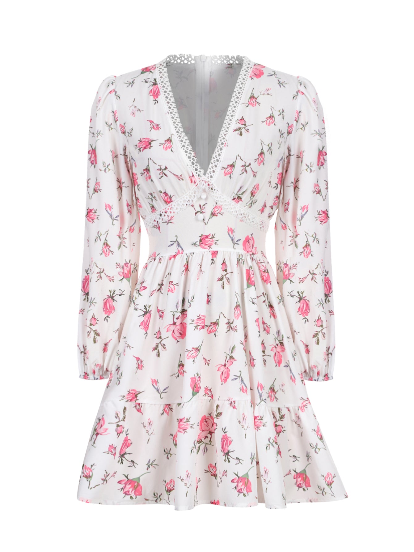 Lapa Plus Women's Flower-print Lace Trimmed Fitted Waist Dress