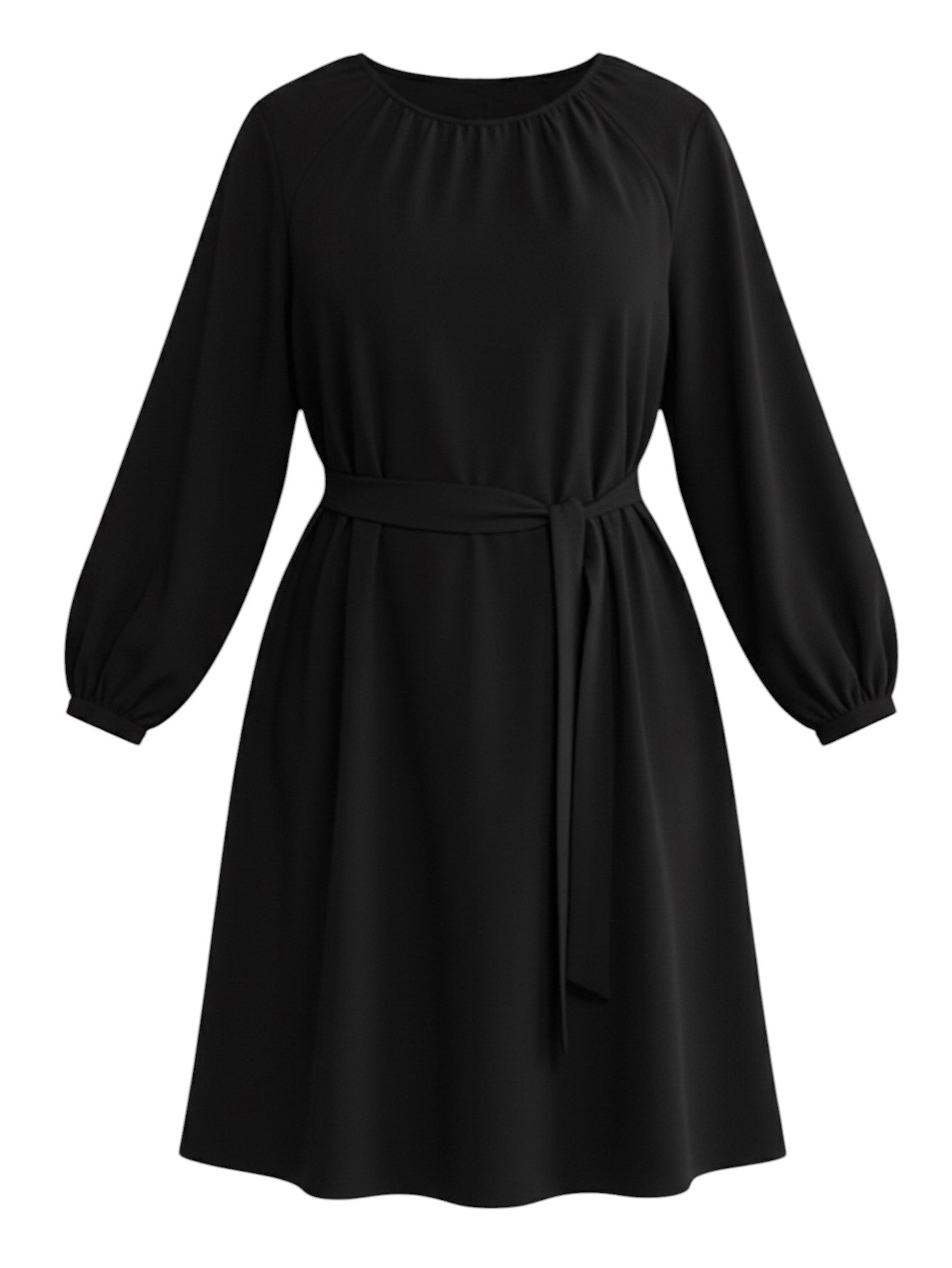 Lapa Plus Women's Solid Color Round Neck Tie-Waist Dress