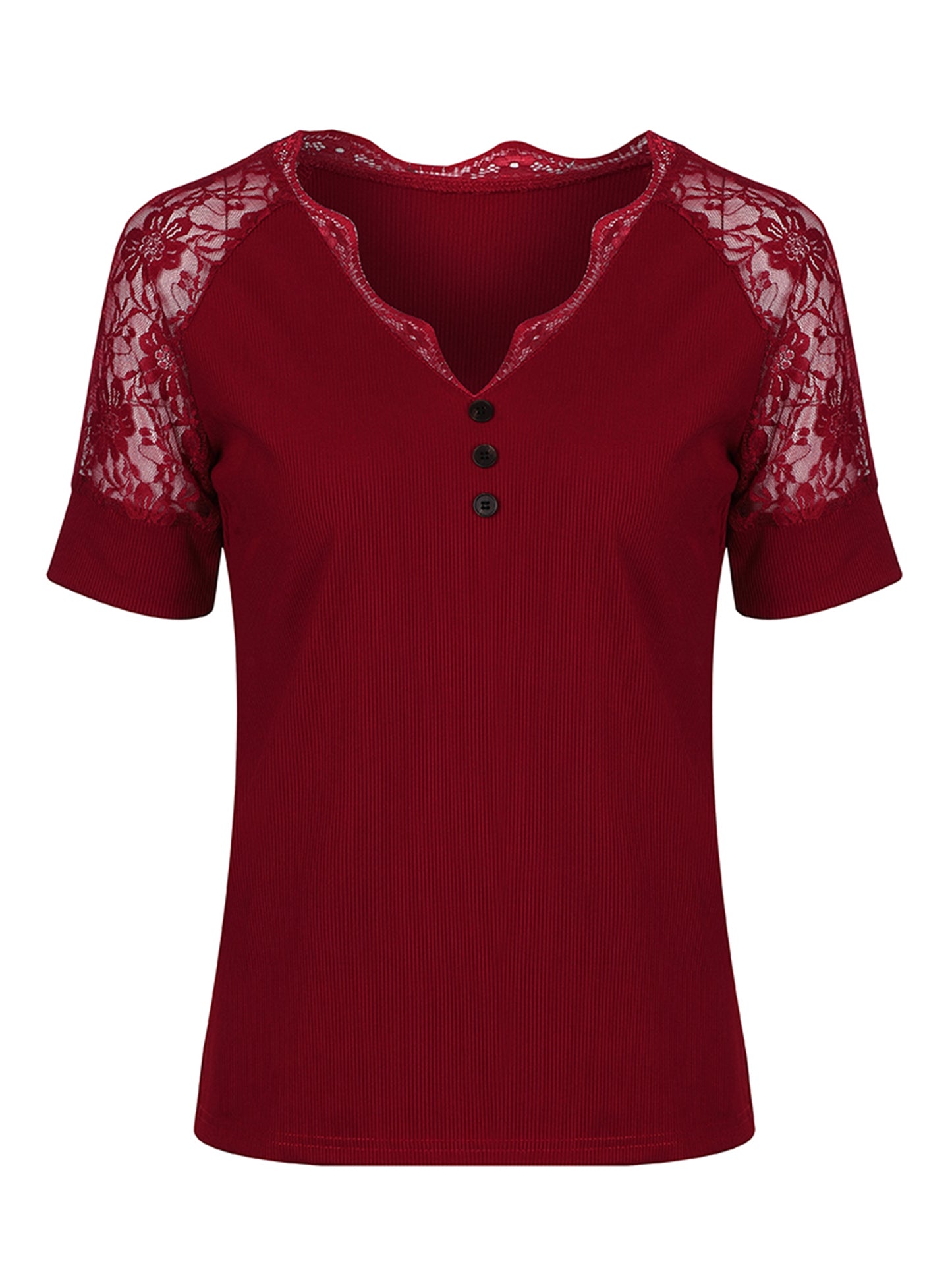 Lapa Plus Women's V-neck Patchwork Lace Short Sleeved Top