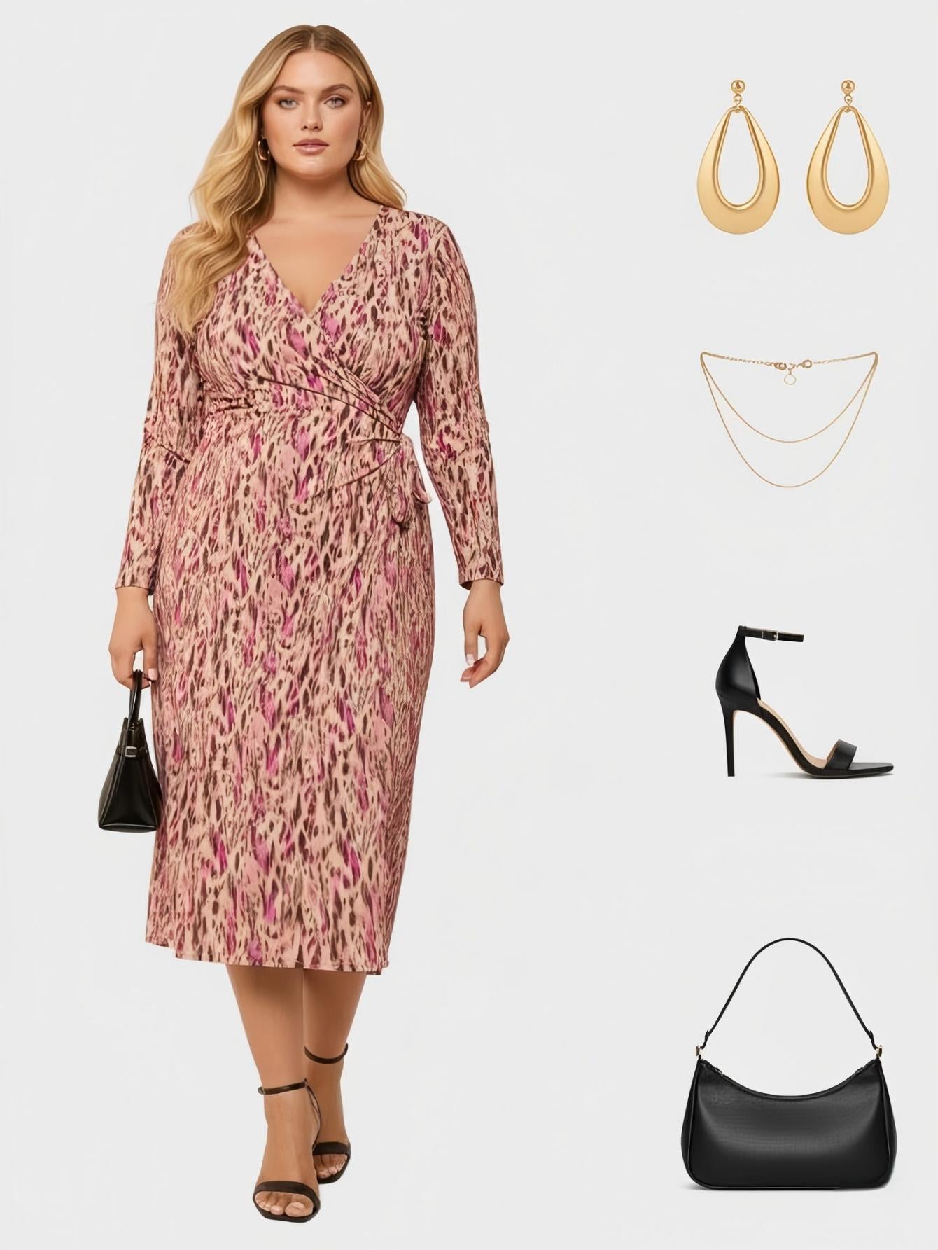 Lapa Plus Women's Elegant Wrap Midi Dress With Belt