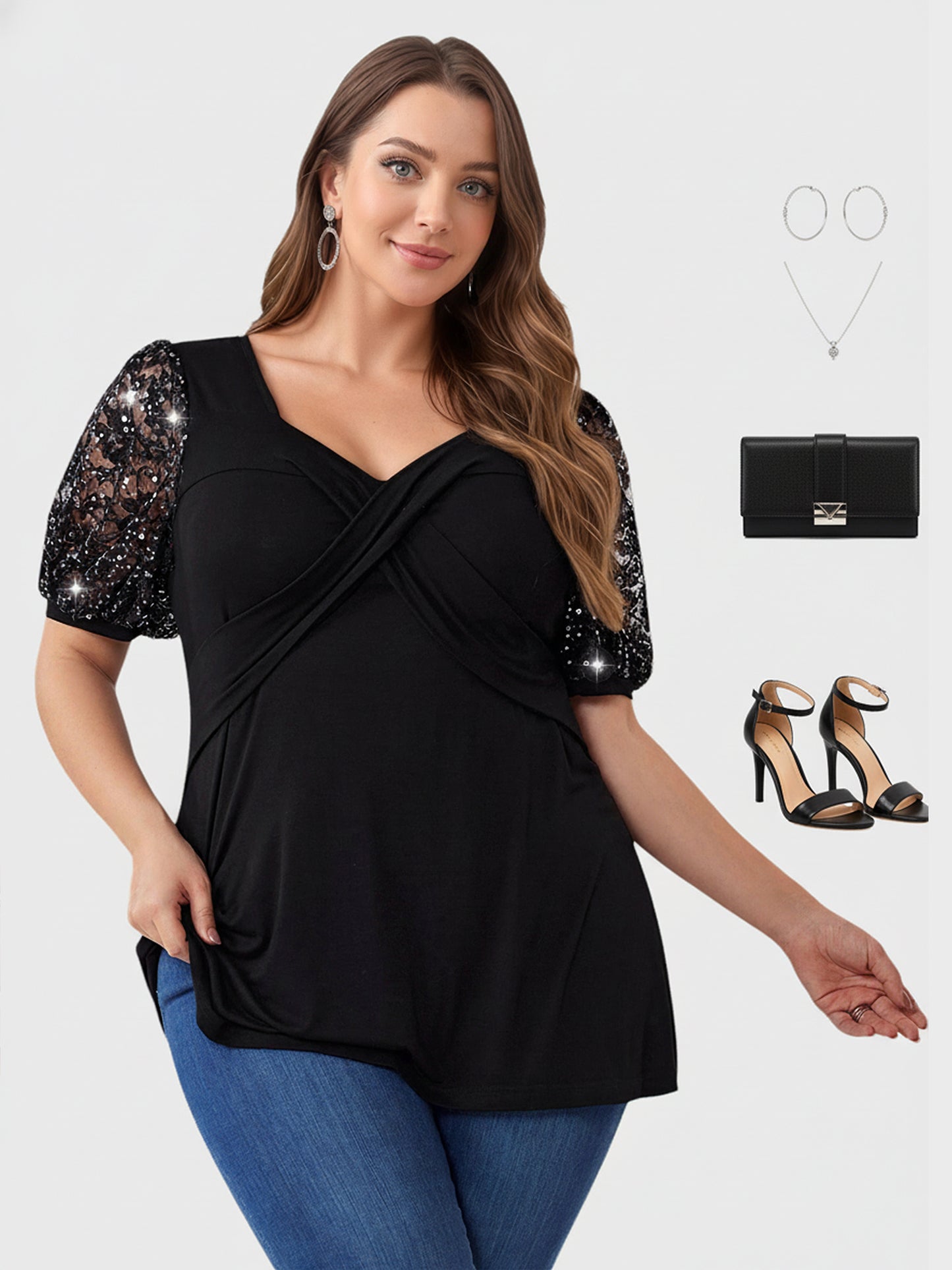 Lapa Plus Women's Elegant Beaded Lantern Sleeves Top