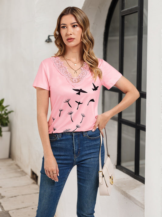Lapa Plus Women's Lace V-Neck Printed Short Sleeve T-Shirt Top