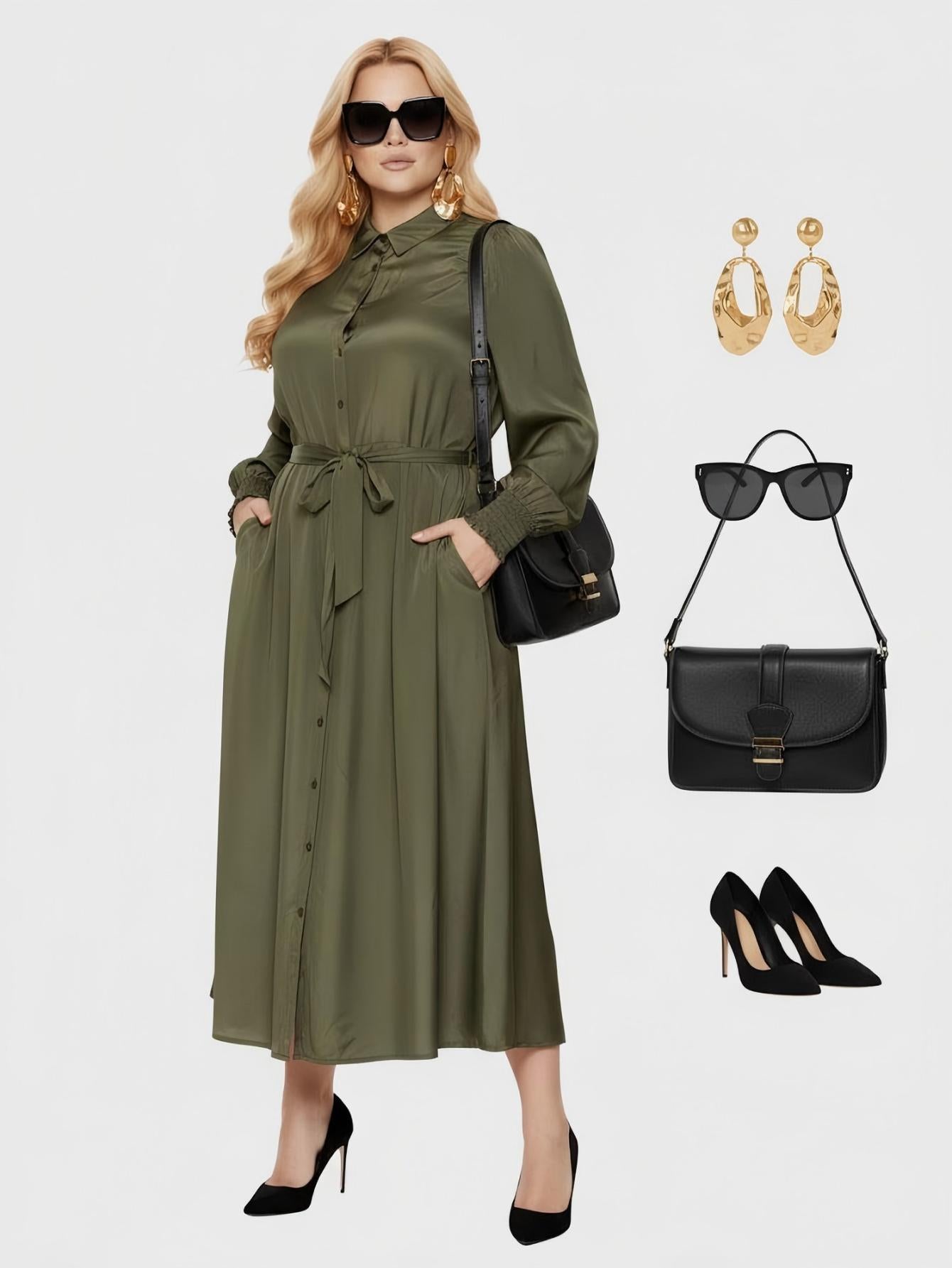 Lapa Plus Women's Green Button Down Belted Dress