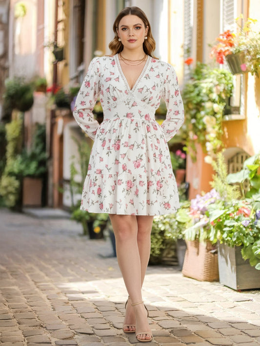 Lapa Plus Women's Flower-print Lace Trimmed Fitted Waist Dress