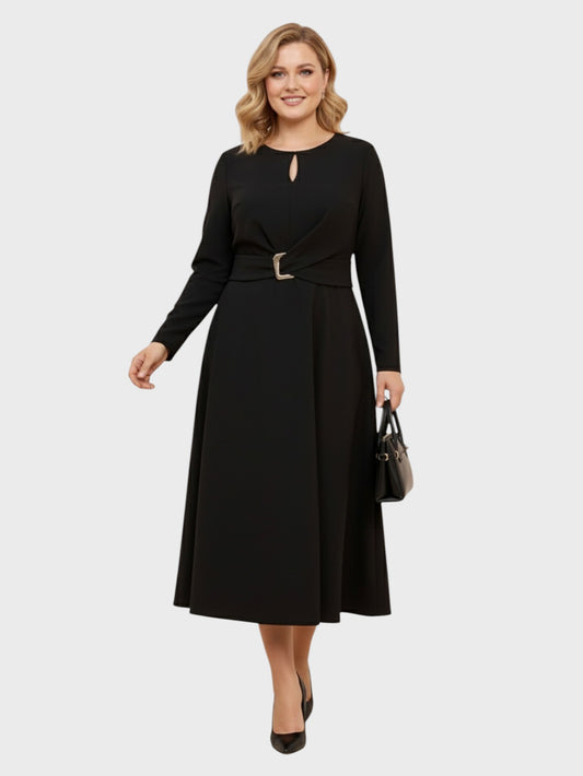 Lapa Plus Women's Round Neck Cut-Out Dress with Belt Detail