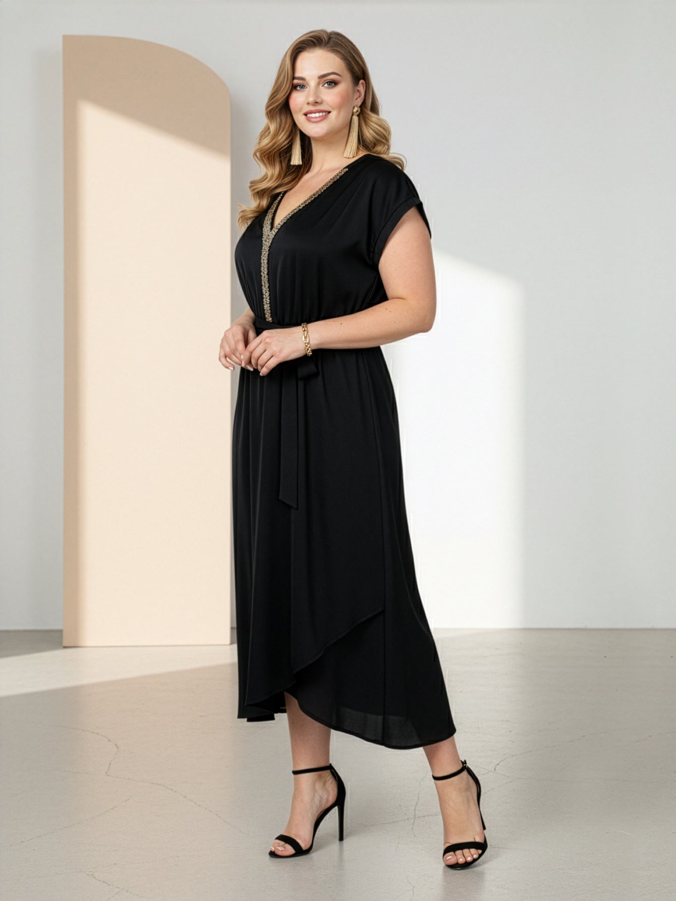Lapa Plus Women's Bead Piece Waist Cinching Lace Up Big Swing Dress