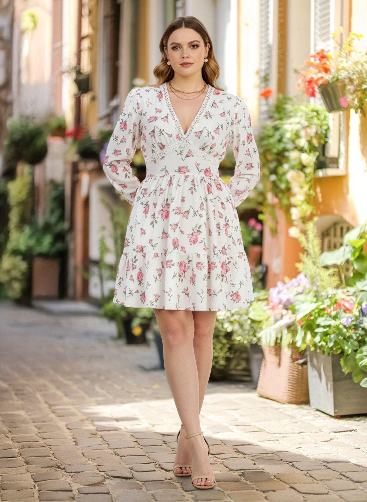 Lapa Plus Women's Flower-print Lace Trimmed Fitted Waist Dress