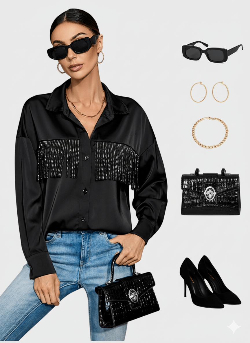Lapa Plus Casual Women's Shirt With Diamond - studded Fringes - Lapa plus
