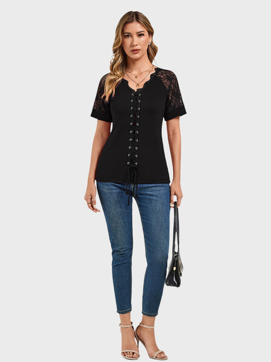 Lapa Plus Women's Casual Lace Patchwork Strappy T-shirt - Lapa plus