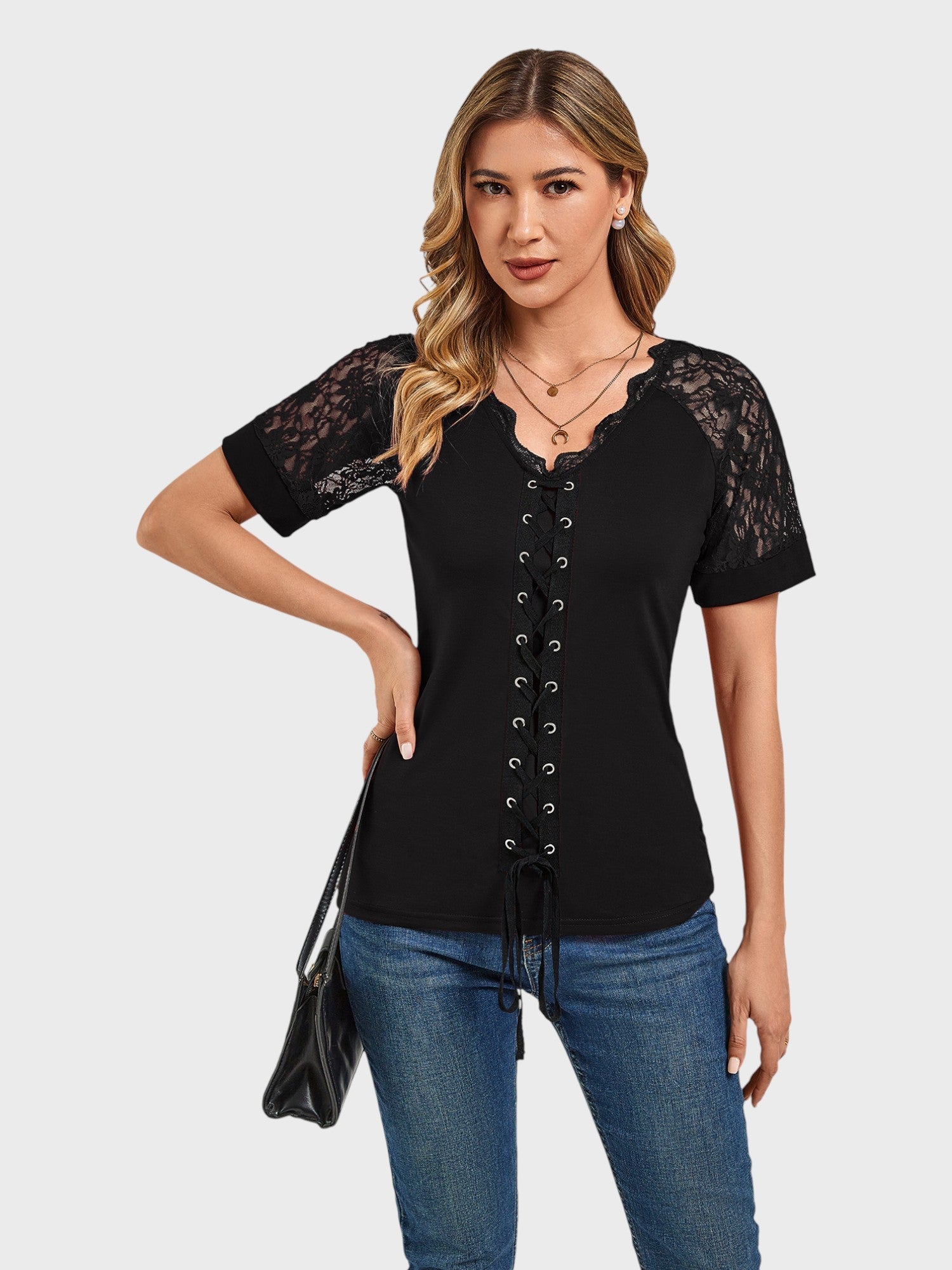 Lapa Plus Women's Casual Lace Patchwork Strappy T-shirt - Lapa plus