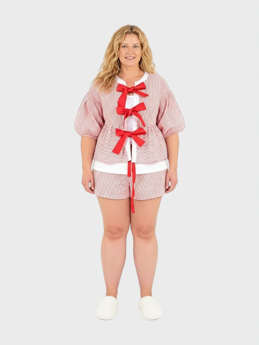 Lapa Plus Women's Christmas Round - Neck Bowknot Shorts Set - Lapa plus