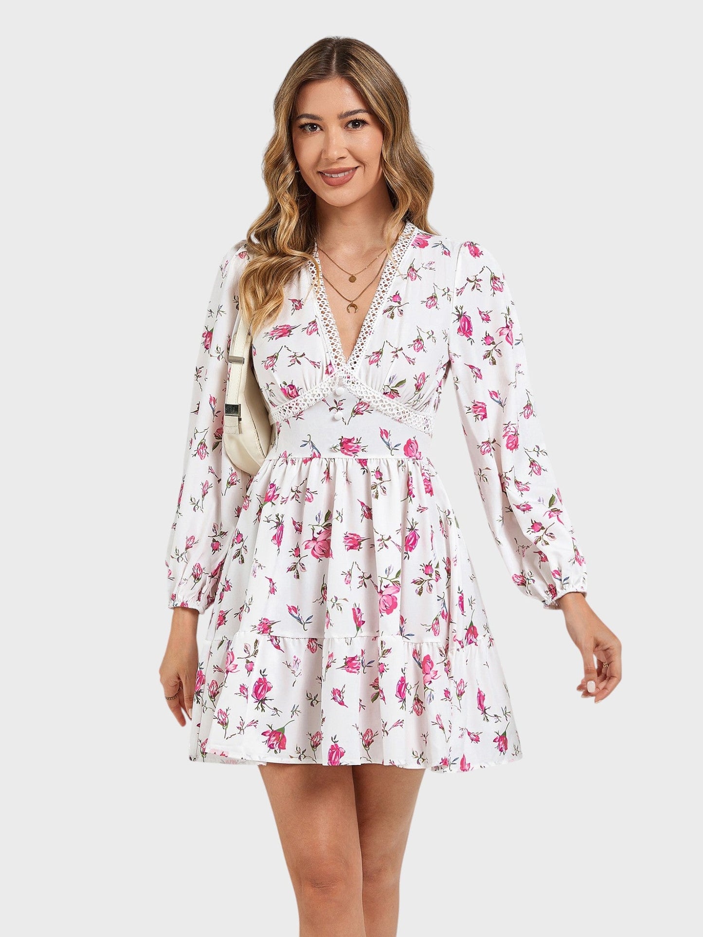 Lapa Plus Women's Flower - print Lace Trimmed Fitted Waist Dress - Lapa plus