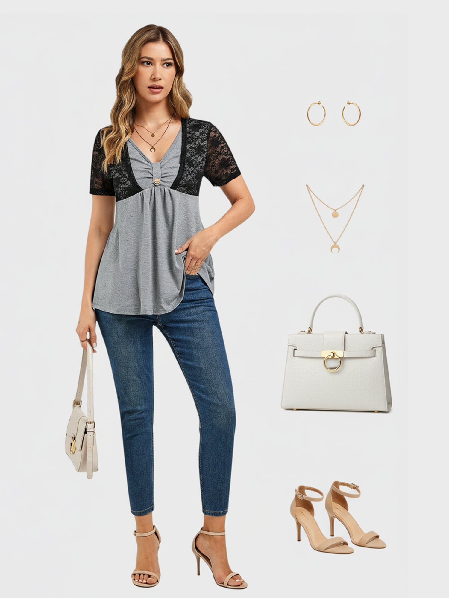 Lapa Plus Women's Stylish Gray And Black Lace Button - up Shirt - Lapa plus
