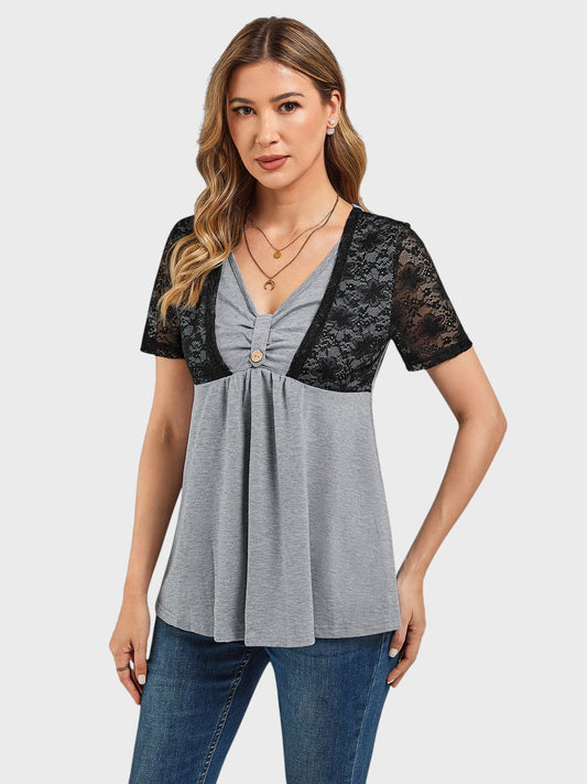 Lapa Plus Women's Stylish Gray And Black Lace Button - up Shirt - Lapa plus
