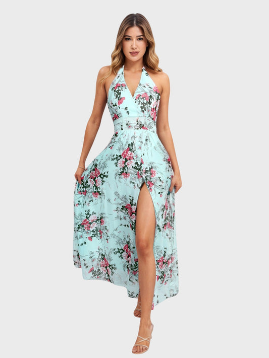 Lapa Plus Women's Vacation Floral Chiffon Halter Dress With Lining - Lapa plus