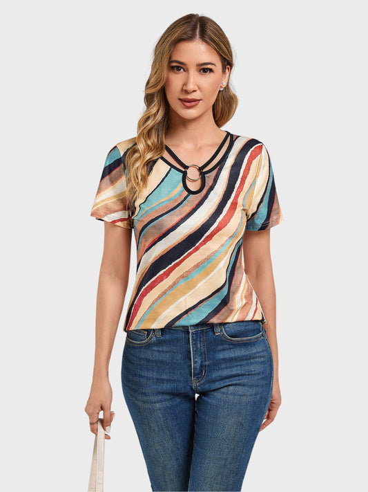 Lapa Plus Women's Colorful Metal Ring Splicing Short Sleeved Top
