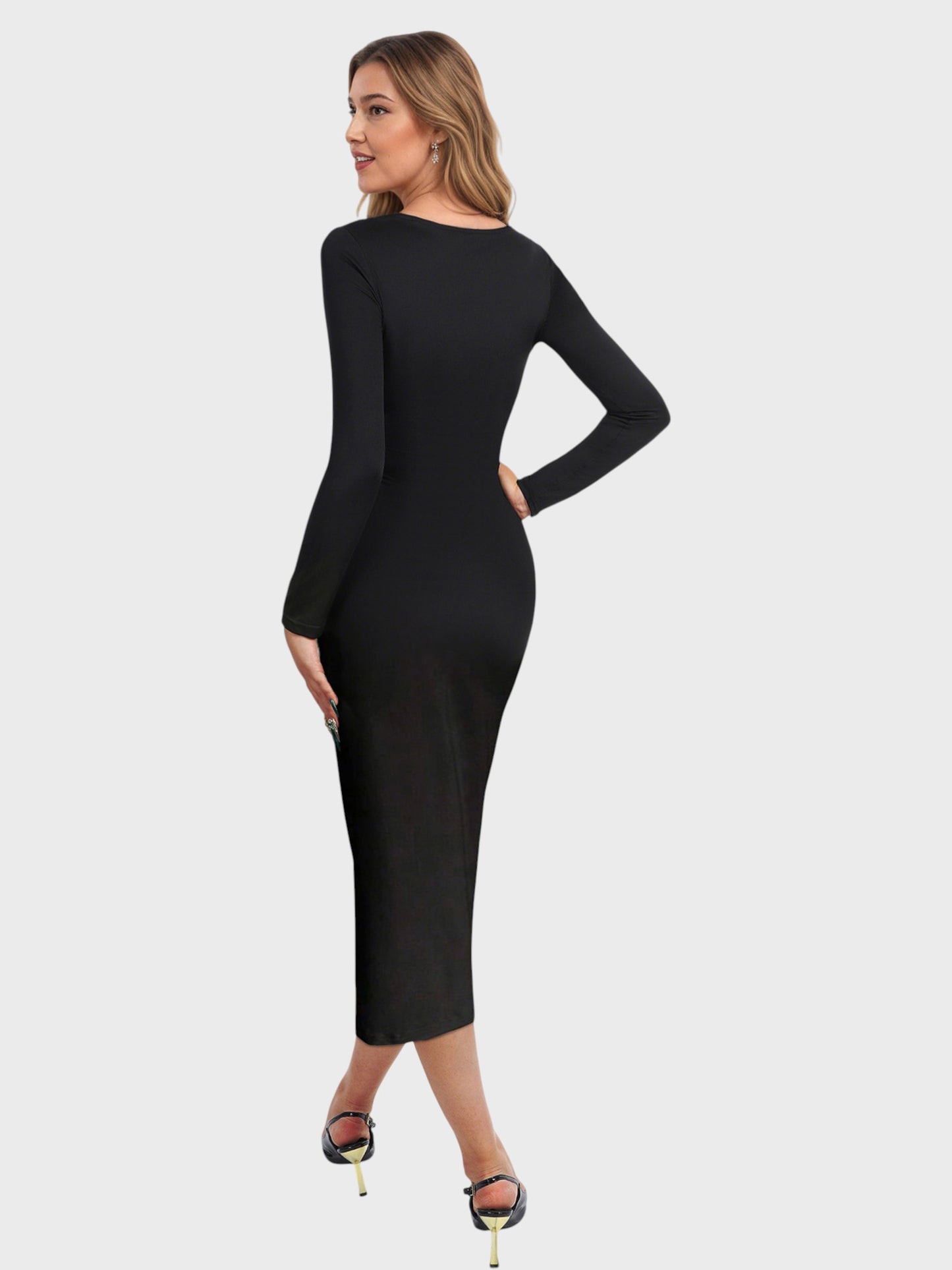 Lapa Plus Women's Pleated Waist Slit Long Sleeved Dress