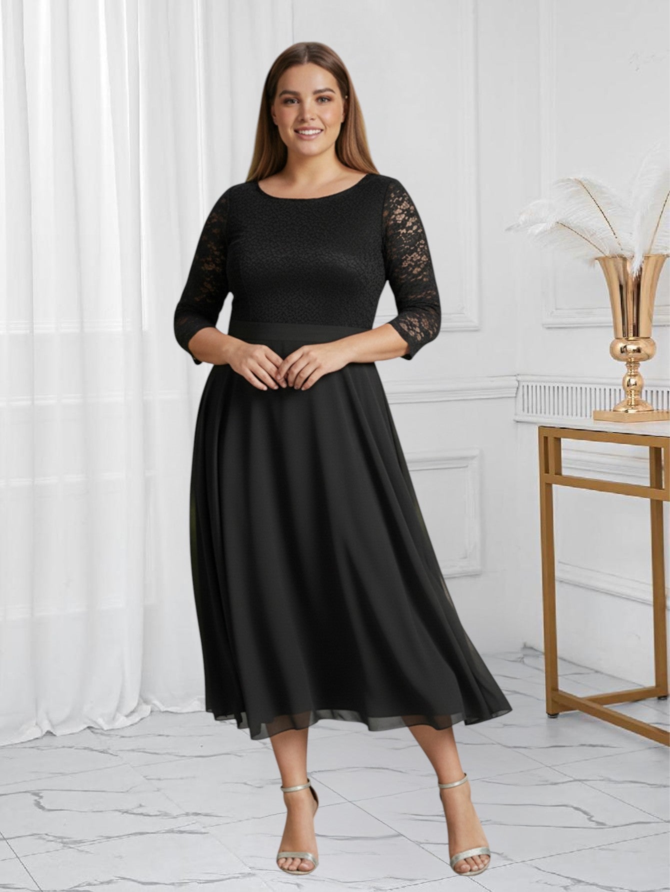 Lapa Plus Women's Timeless Elegant Lace-Paneled Dress
