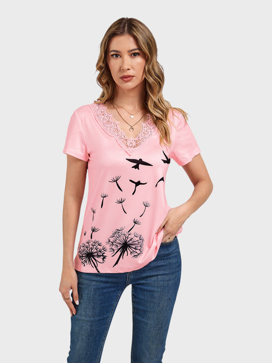 Lapa Plus Women's Lace V-Neck Printed Short Sleeve T-Shirt Top