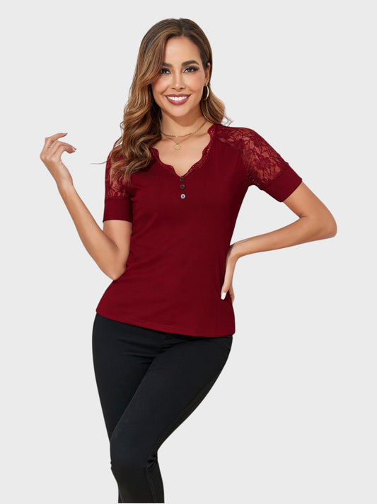 Lapa Plus Women's V-neck Patchwork Lace Short Sleeved Top