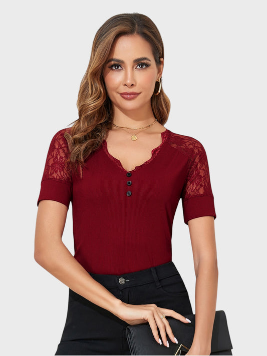 Lapa Plus Women's V-neck Patchwork Lace Short Sleeved Top