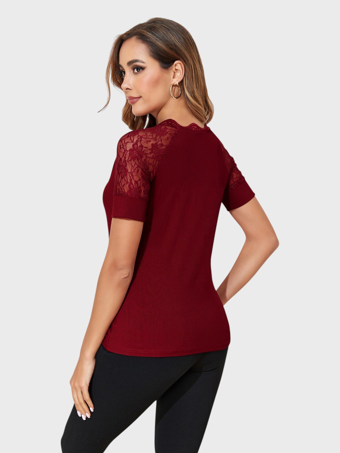 Lapa Plus Women's V-neck Patchwork Lace Short Sleeved Top