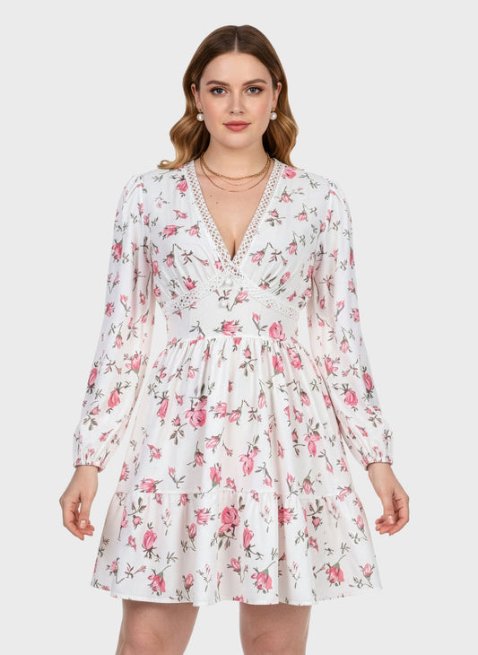 Lapa Plus Women's Flower-print Lace Trimmed Fitted Waist Dress