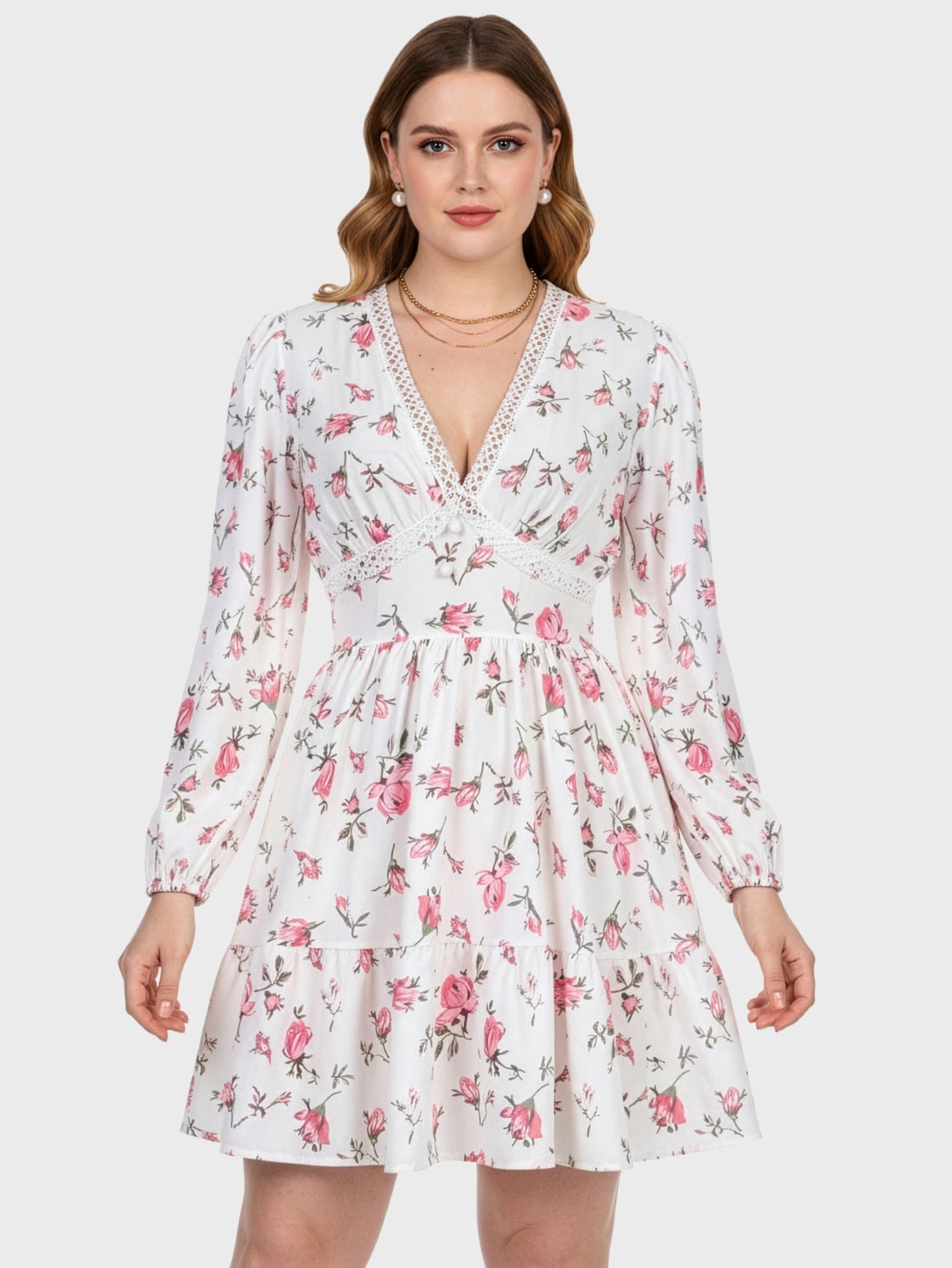 Lapa Plus Women's Flower-print Lace Trimmed Fitted Waist Dress