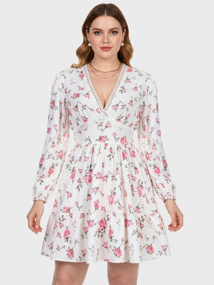 Lapa Plus Women's Flower-print Lace Trimmed Fitted Waist Dress