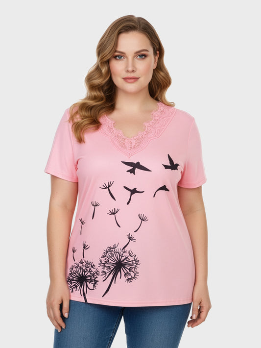 Lapa Plus Women's Lace V-Neck Printed Short Sleeve T-Shirt Top