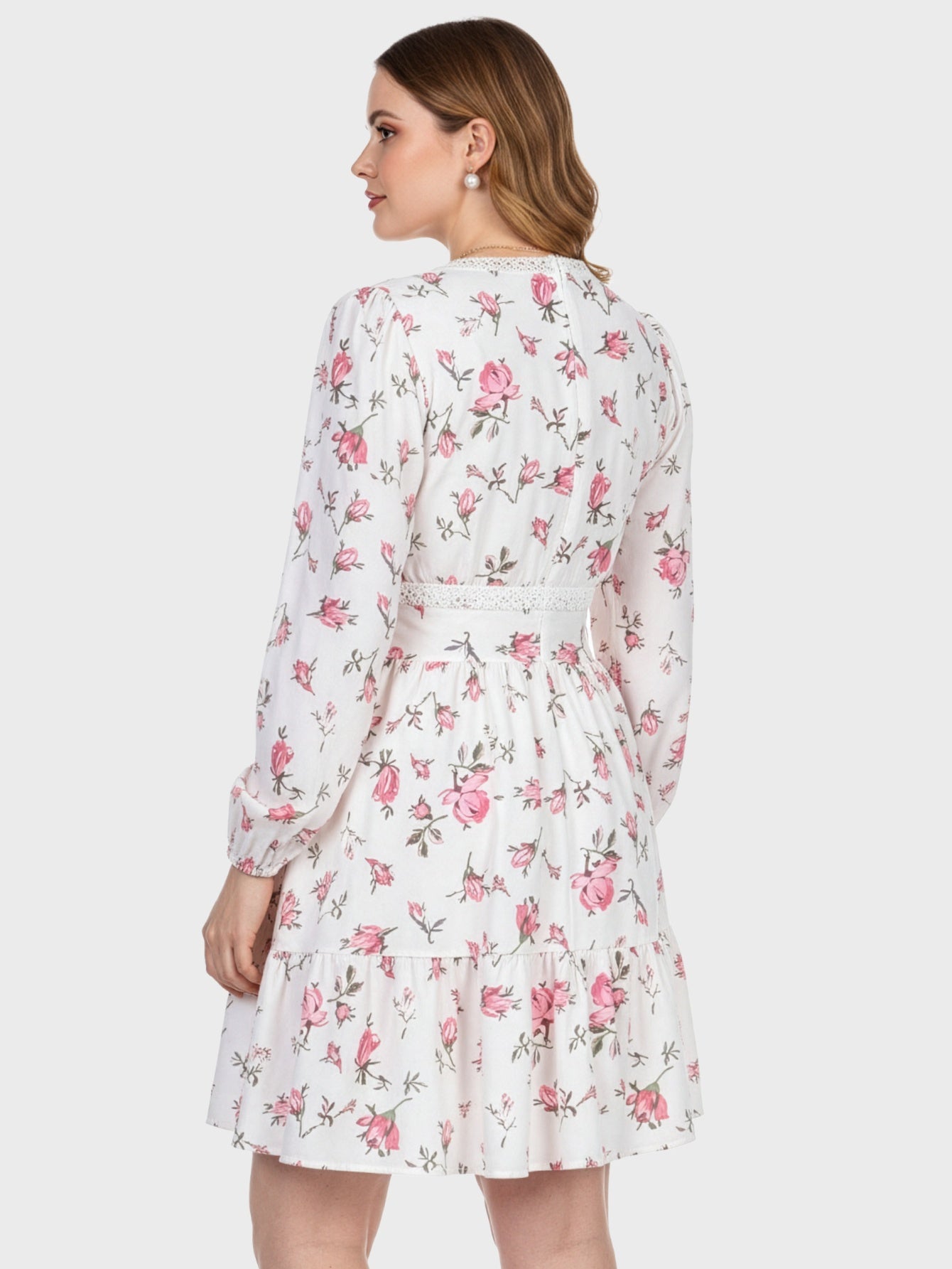 Lapa Plus Women's Flower-print Lace Trimmed Fitted Waist Dress