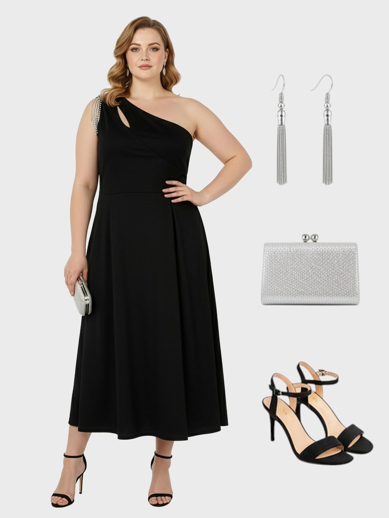 Lapa Plus Women's Elegant Sloping Shoulder Black Dress