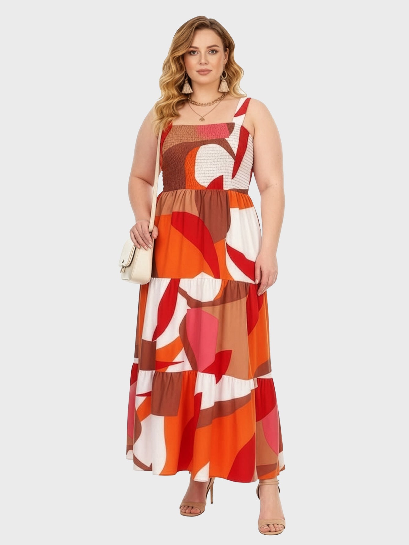 Lapa Plus Women's Bohemian Printed Pleated Camisole Dress