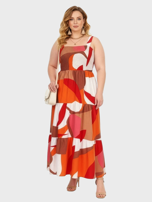 Lapa Plus Women's Bohemian Printed Pleated Camisole Dress