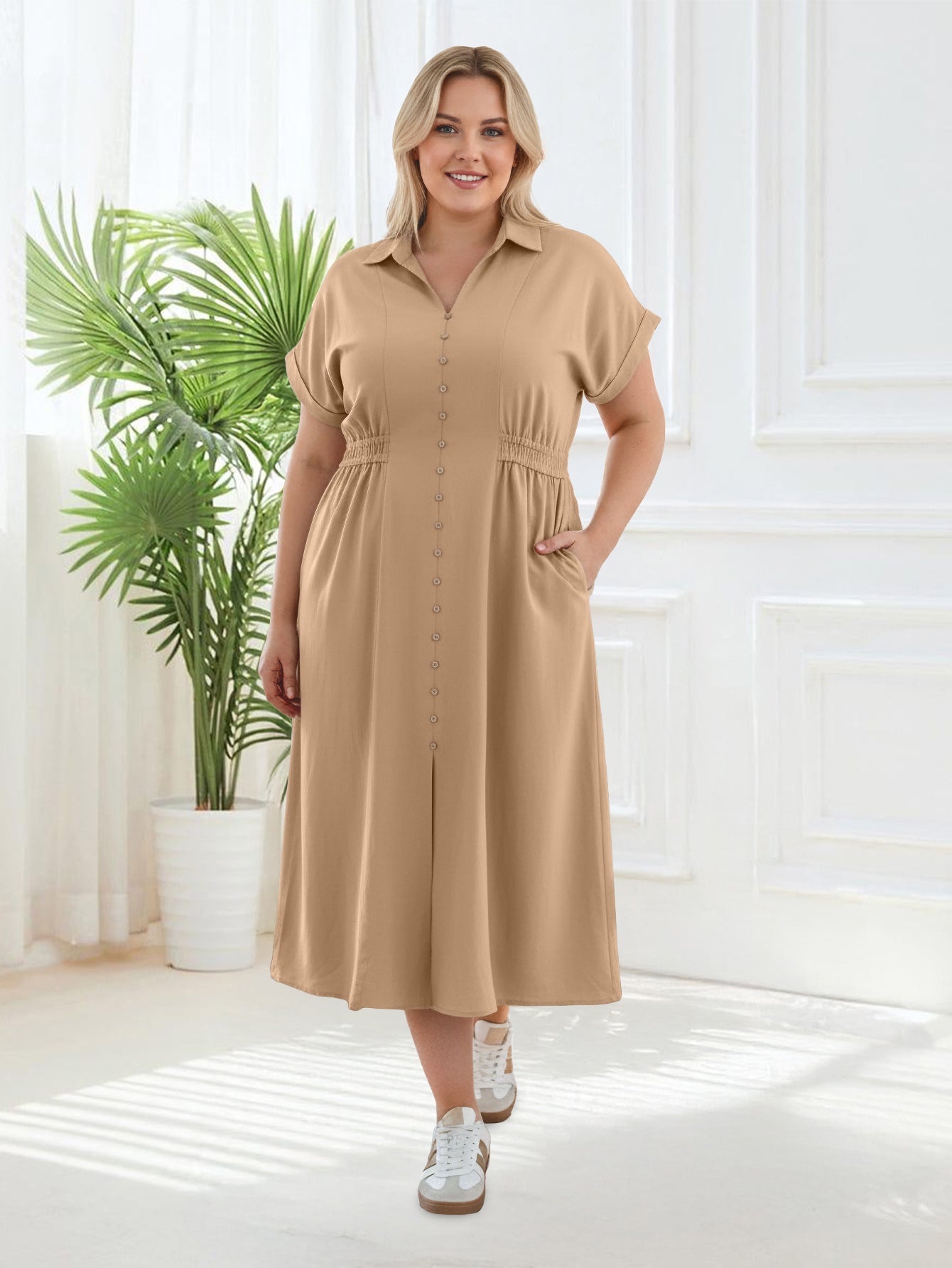 Lapa Plus Women's Dress with Button Placket and Elastic Waist