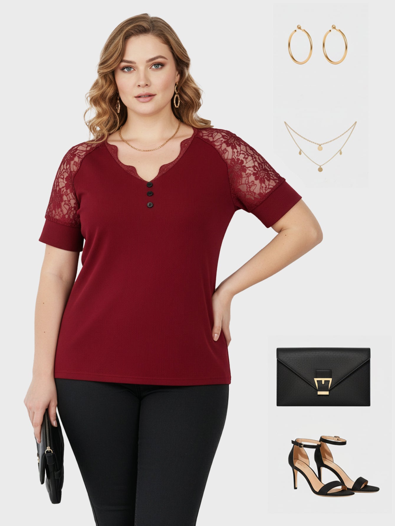 Lapa Plus Women's V-neck Patchwork Lace Short Sleeved Top